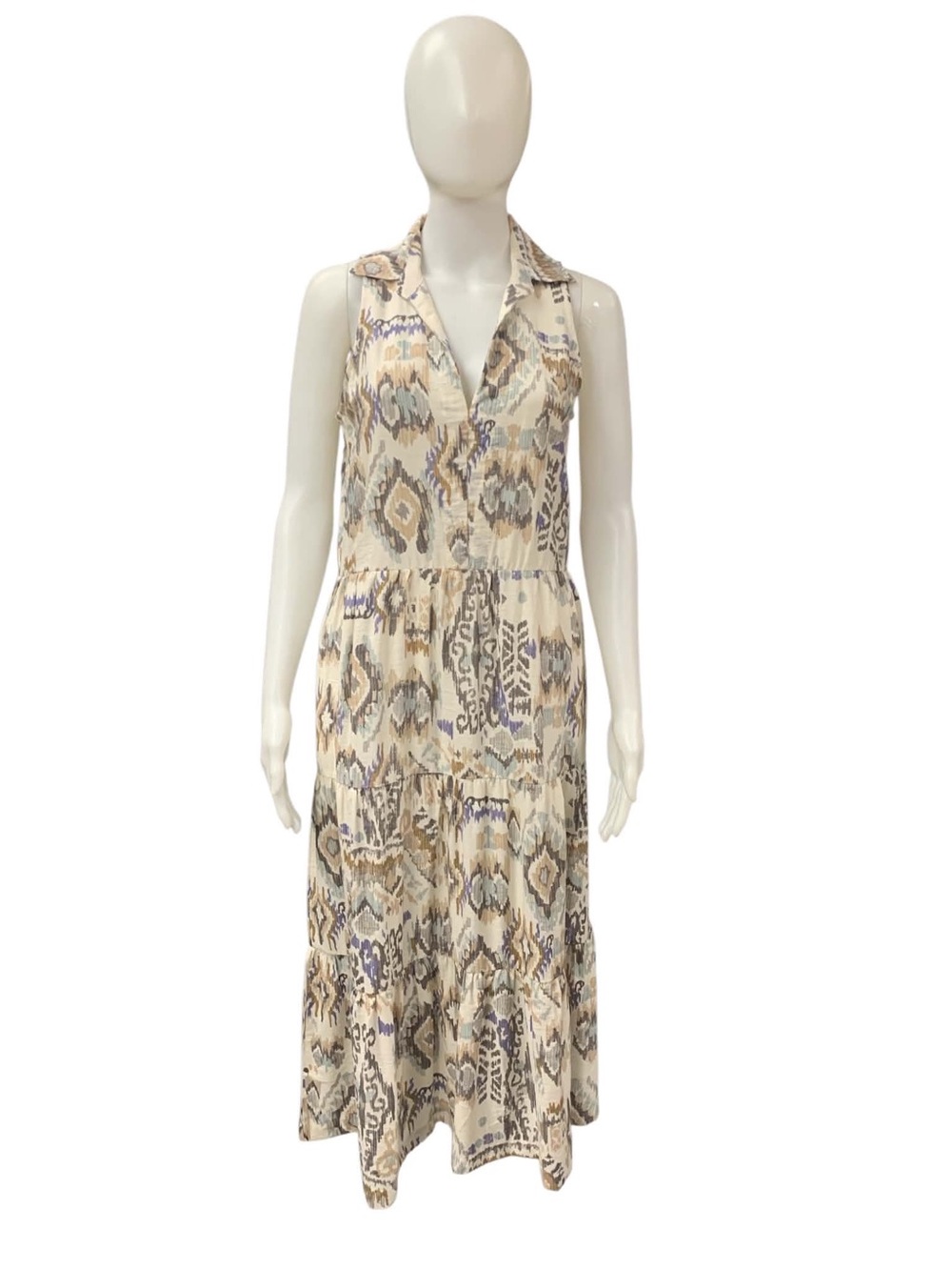 Shannon Passero Sleeveless Ivory Ikat Maxi Dress with Subtle Blue Accents S2